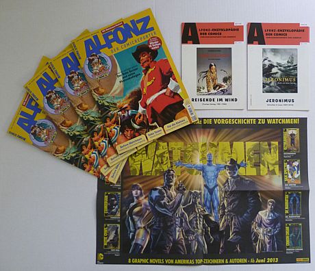 Alfonz mit Watchmen-Poster und Enzyklopädie-Beilagen